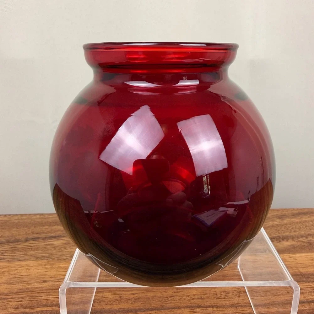 Anchor Hocking Ruby Red Glass Rose Bowl Etched Frosted Floral Vintage Vase 4.5in